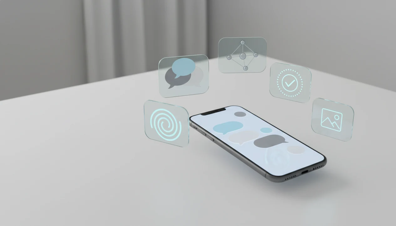A smartphone on a clean desk is surrounded by abstract cards for chat, agents, detection, rewriting, and images.