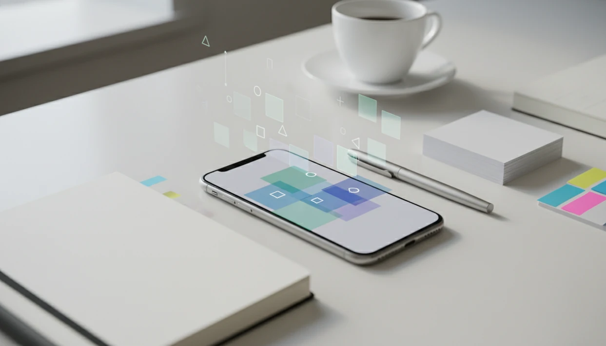 An iPhone on a tidy desk with abstract panels suggesting specialized AI agents for professional tasks.