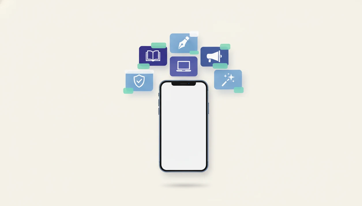 An iPhone surrounded by abstract task cards representing specialized AI chat agents.