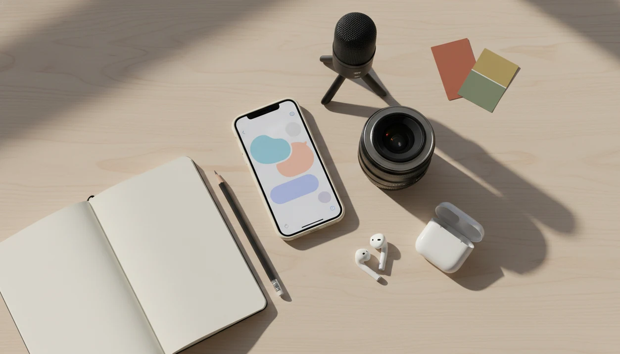 An iPhone on a creator desk surrounded by tools for writing, audio, visuals, and mobile content work.
