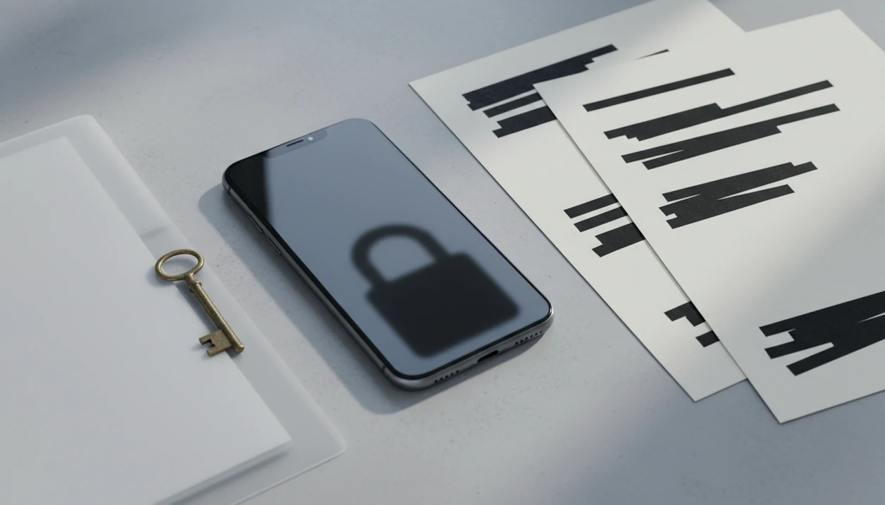 A phone sits beside redacted papers, a key, and a frosted folder to suggest AI chat privacy checks.
