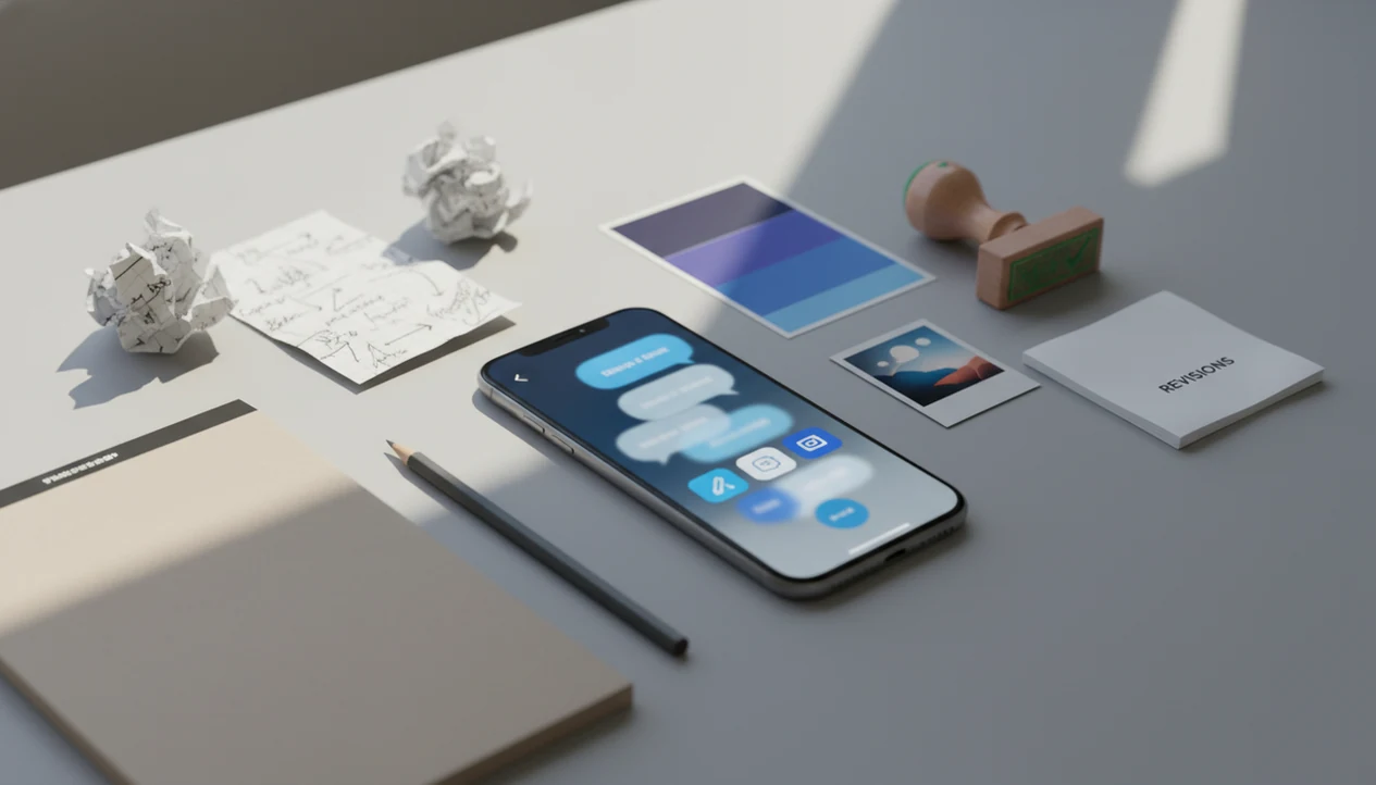 An iPhone surrounded by writing notes, revision pages, and creative tools for comparing AI chat workflows.