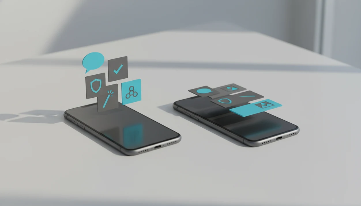 Two generic phones compare a bundled AI chat workflow with separate Android alternative tools.