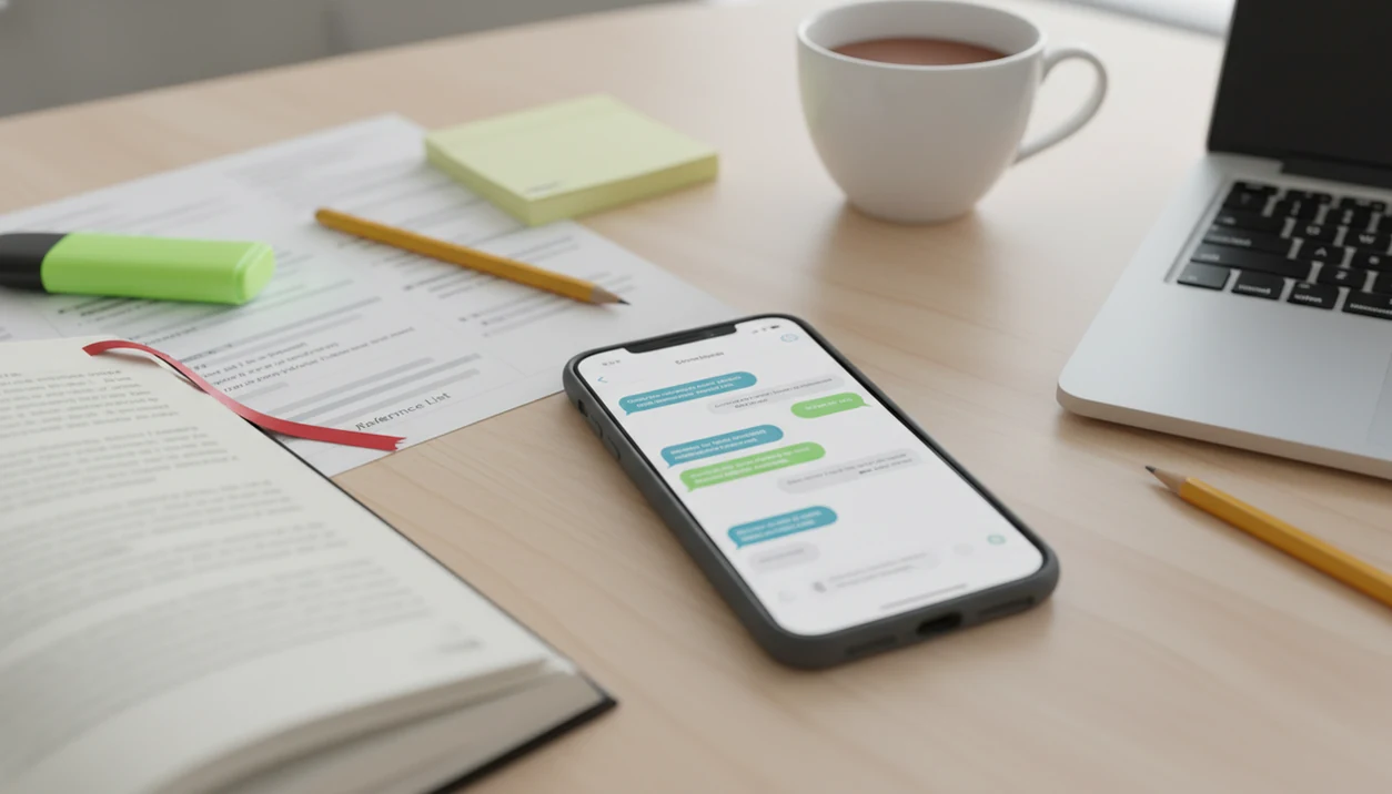 An iPhone on a student desk shows abstract chat bubbles beside blurred APA-style study materials.