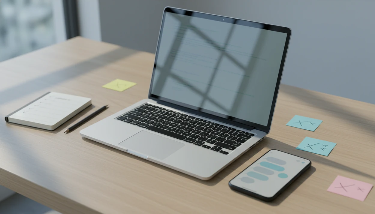 An iPhone and laptop on a desk suggest mobile AI coding help with testing and review.