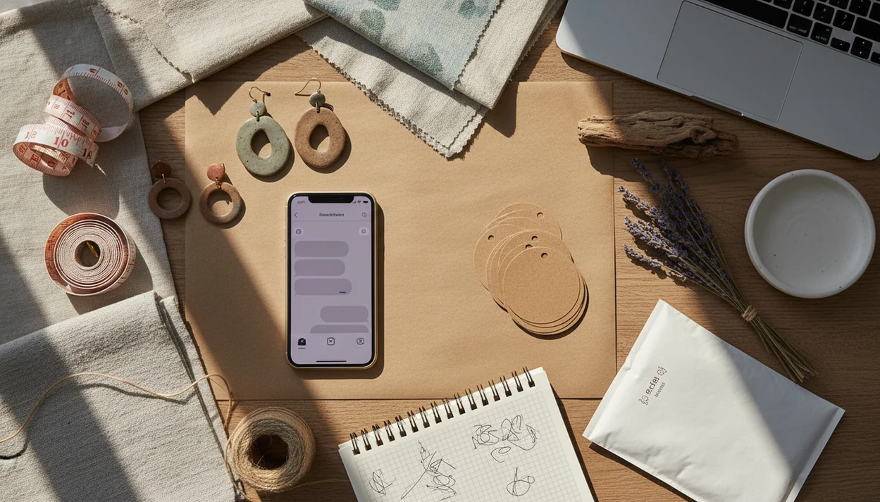 A handmade seller’s workspace with an iPhone, craft items, tags, and packing supplies arranged for listing work.