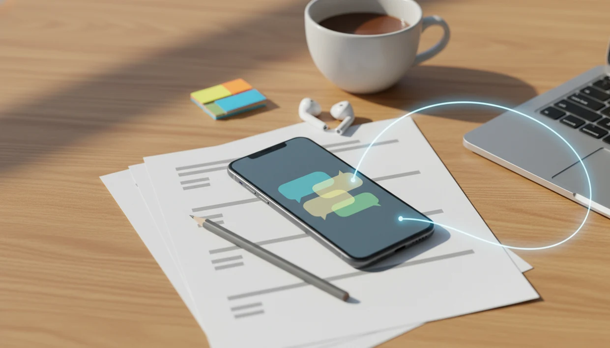 A freelancer desk with a smartphone, blank proposal pages, laptop edge, pencil, coffee, and revision tabs.