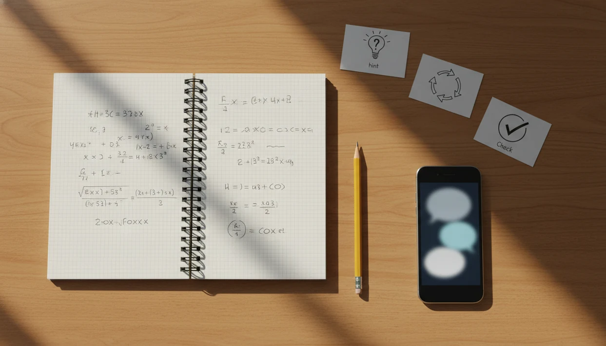 A study desk shows a notebook, pencil, and blurred AI chat used for guided homework practice.