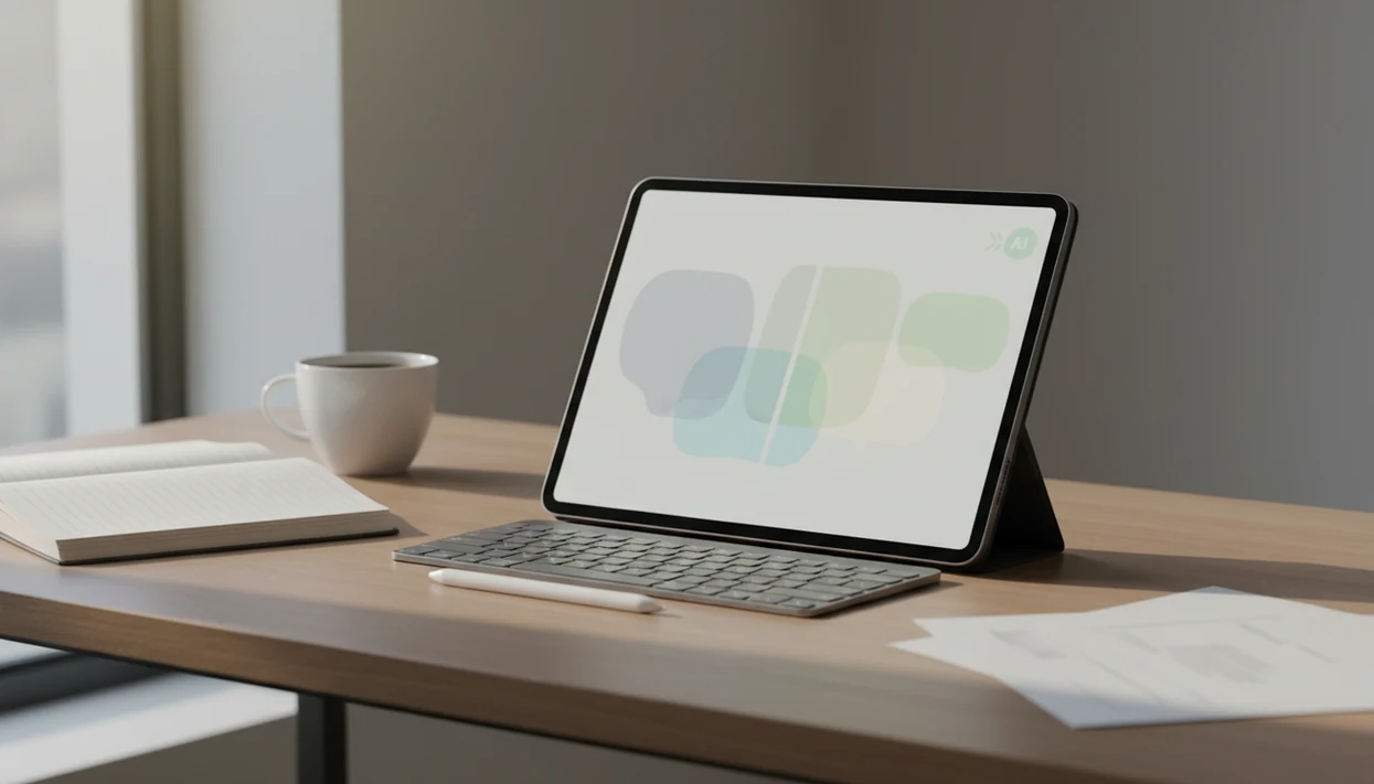 An iPad writing setup with keyboard, stylus, documents, and a split-screen style workspace.
