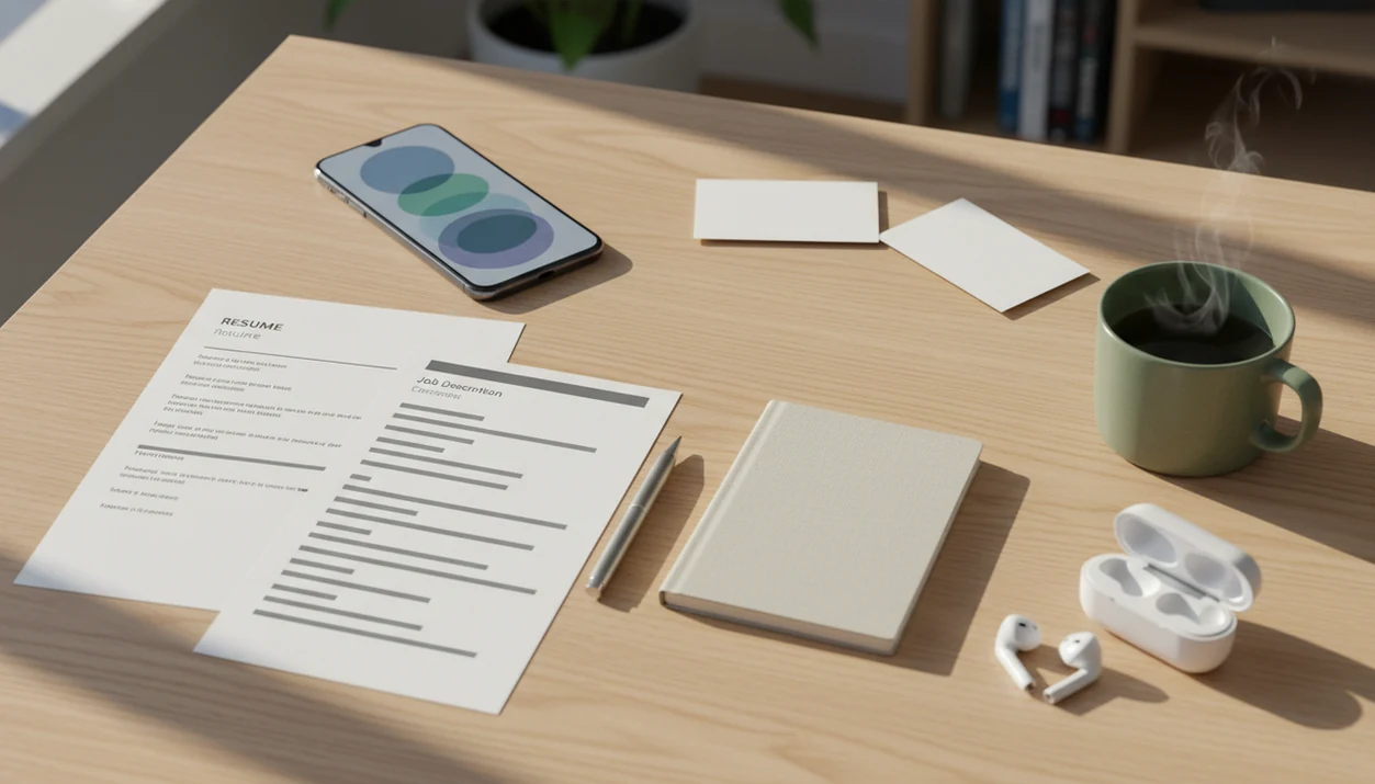 A phone on a desk beside a resume, job posting, notebook, and interview practice cards.