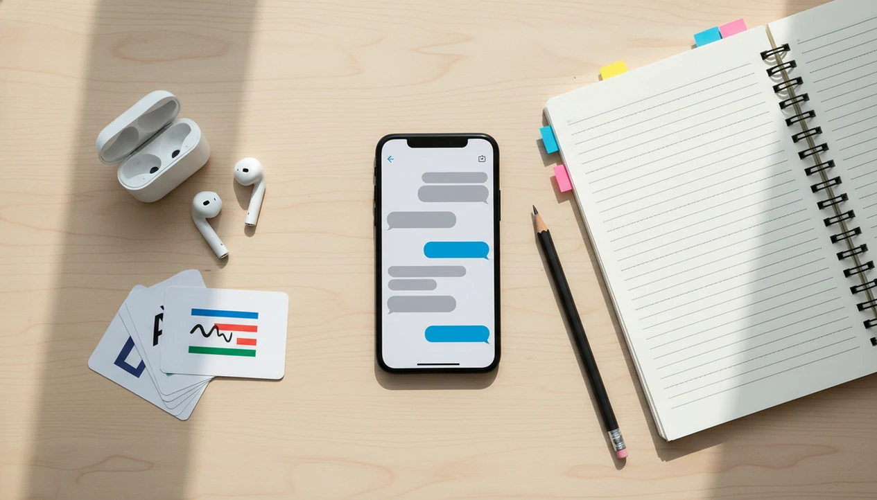 An iPhone on a study desk with notebooks, earbuds, and blank chat bubbles for language practice.