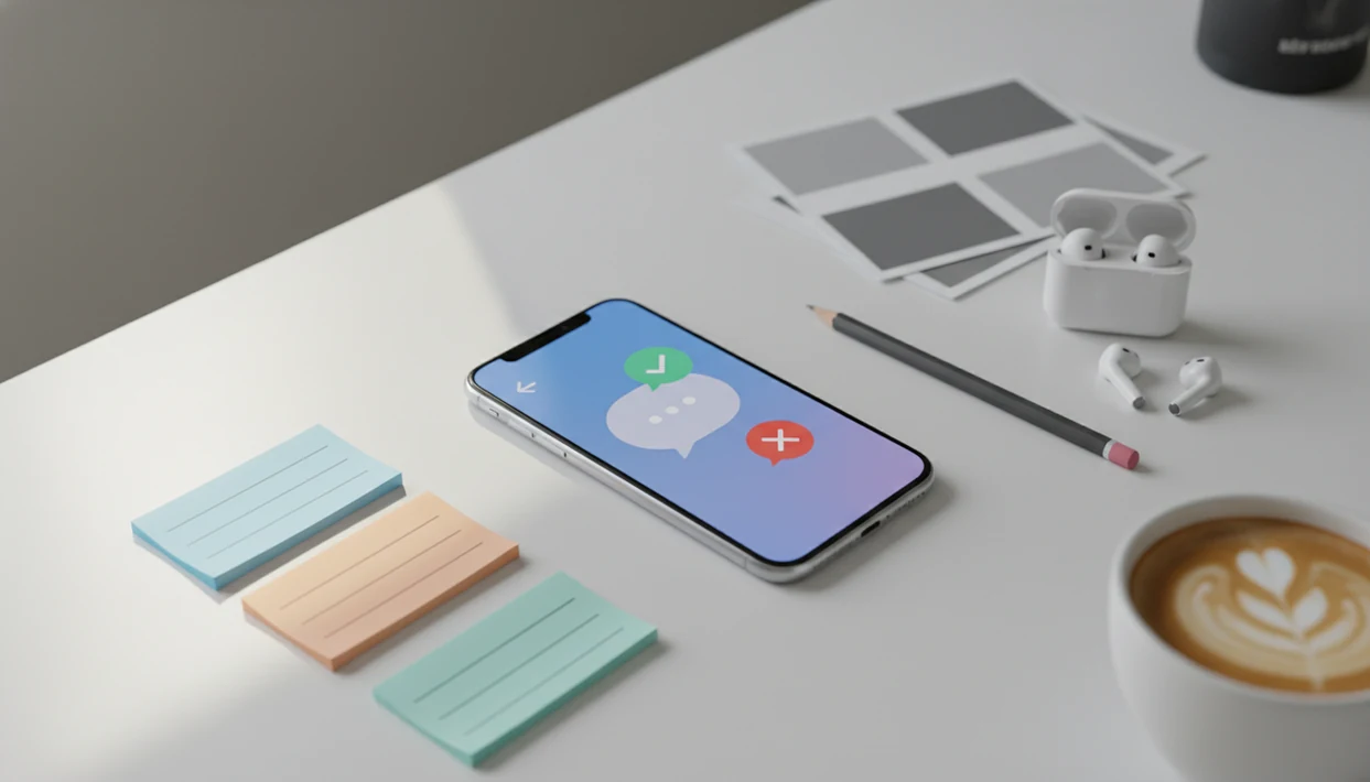 An iPhone on a marketing desk with campaign notes and abstract chat bubbles for mobile approvals.