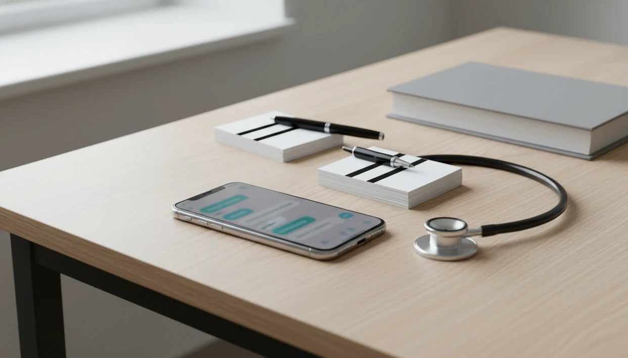 A nursing study desk shows an iPhone, stethoscope, blank notes, and redacted papers for safe AI use.