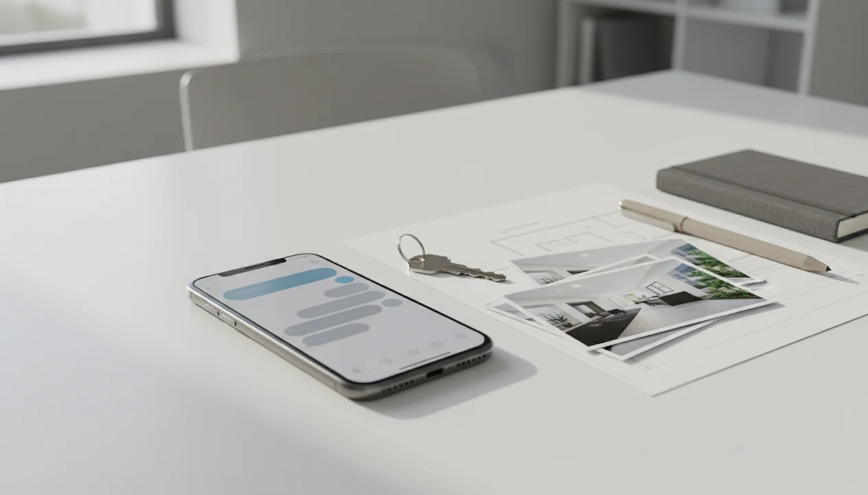 An iPhone with abstract chat bubbles sits beside keys, property photos, and a floor plan on an agent’s desk.