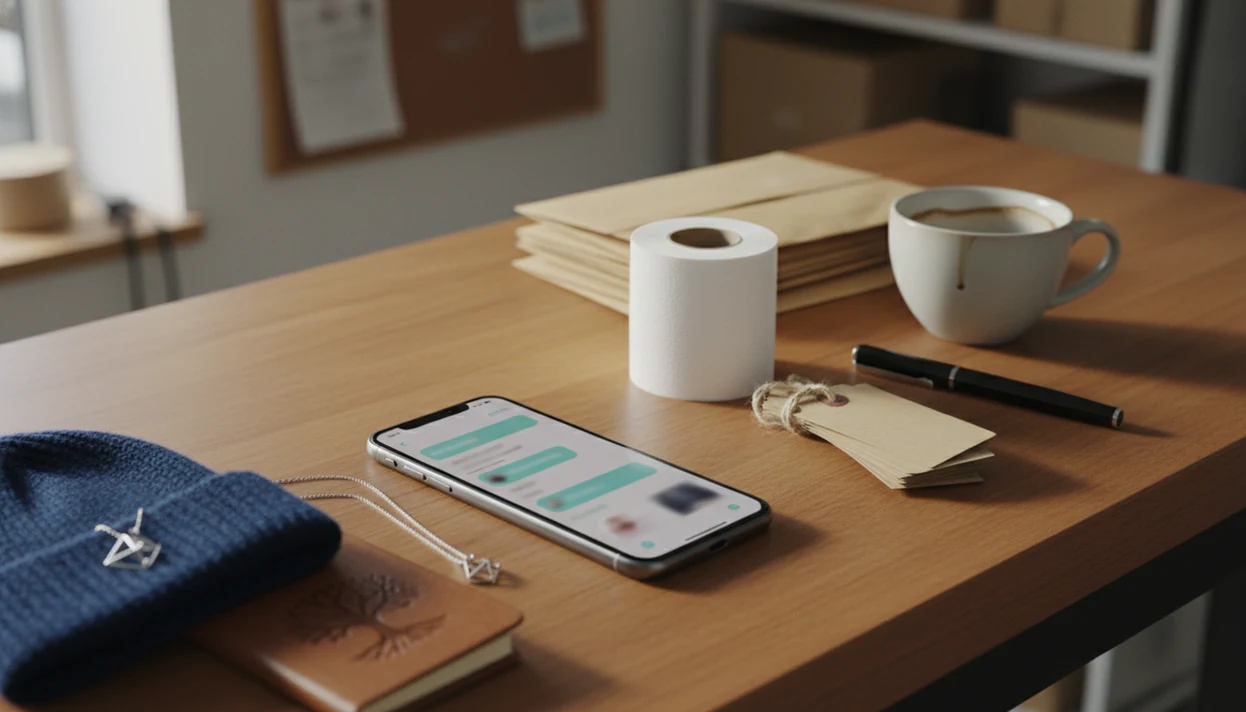 An iPhone on a small business counter beside receipts, product tags, envelopes, and handmade items.