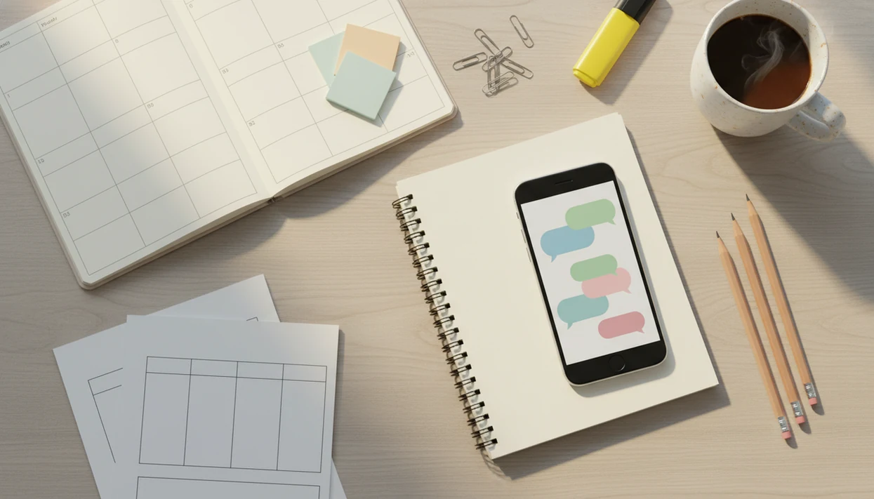 A teacher’s desk with an iPhone, blank lesson planner, pencils, sticky notes, and coffee arranged for lesson prep.
