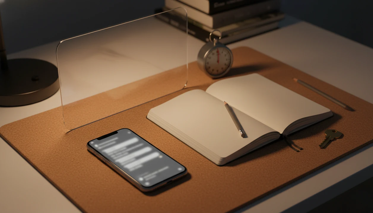A teen study desk shows a phone, notebook, timer, and key arranged to suggest safe AI boundaries.