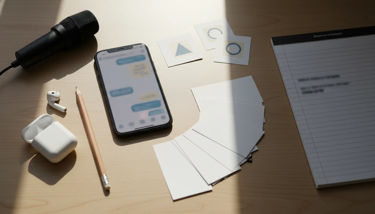A creator workspace shows an iPhone, microphone, blank outline cards, and storyboard notes for planning a YouTube script.