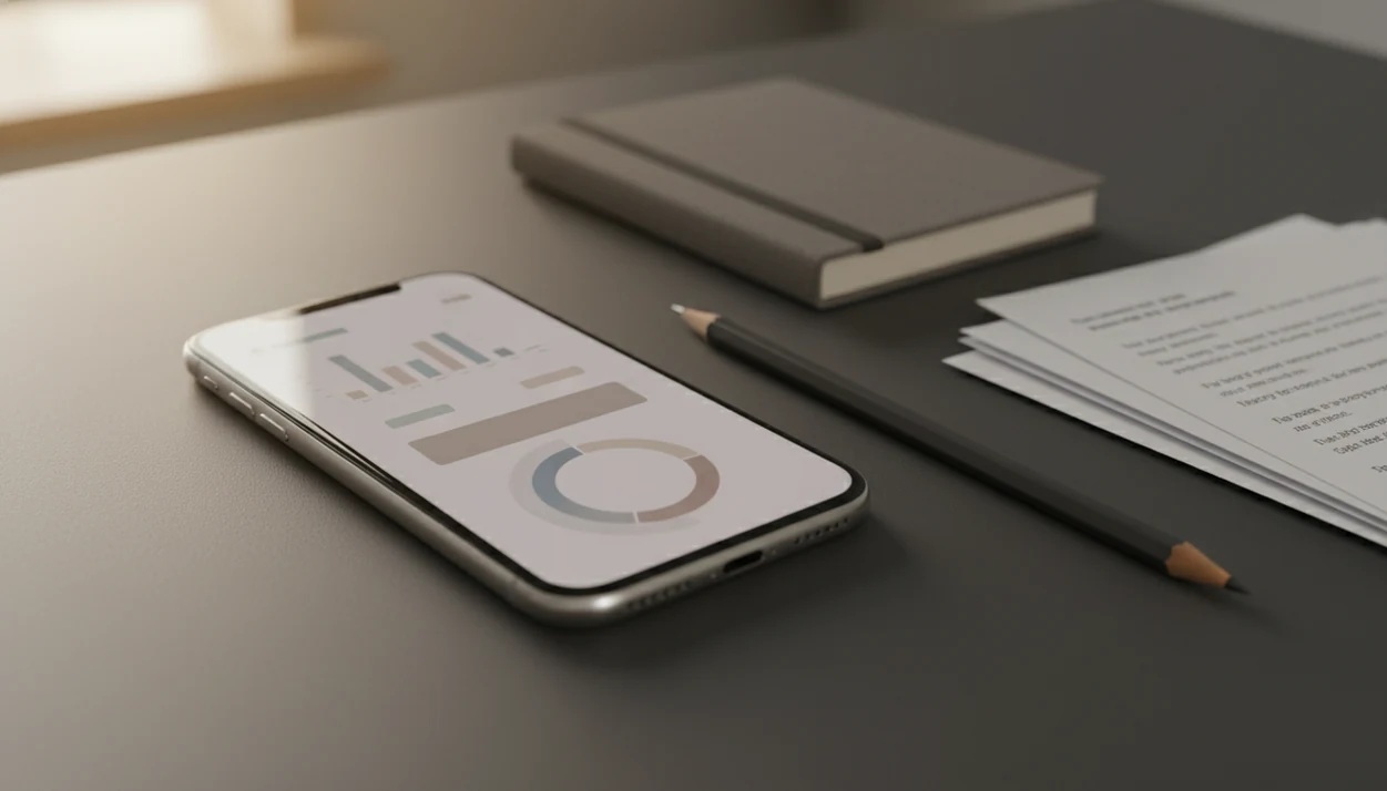 An iPhone on a desk beside blurred drafts and a notebook suggests mobile AI text checking.