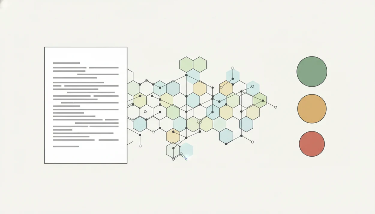 An abstract diagram shows text patterns being analyzed into probability signals without labels.