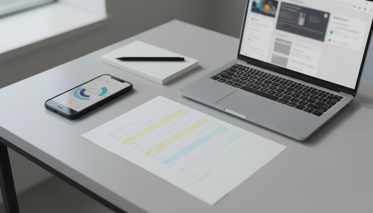 An iPhone and laptop compare mobile and web AI detection workflows on a clean desk.
