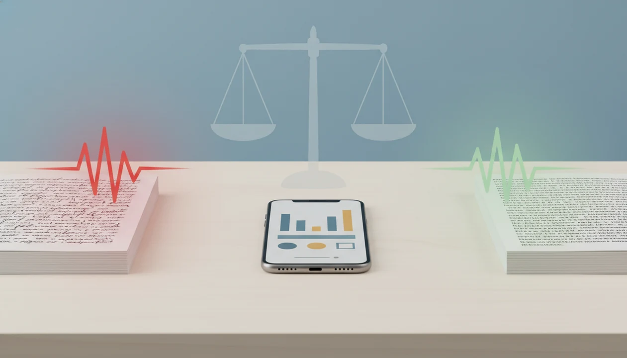 A smartphone sits between handwritten and machine-like pages, showing the tradeoff in AI detector errors.