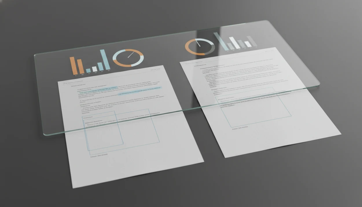 Two rewritten draft pages sit under an abstract scanner showing different AI detection signals.