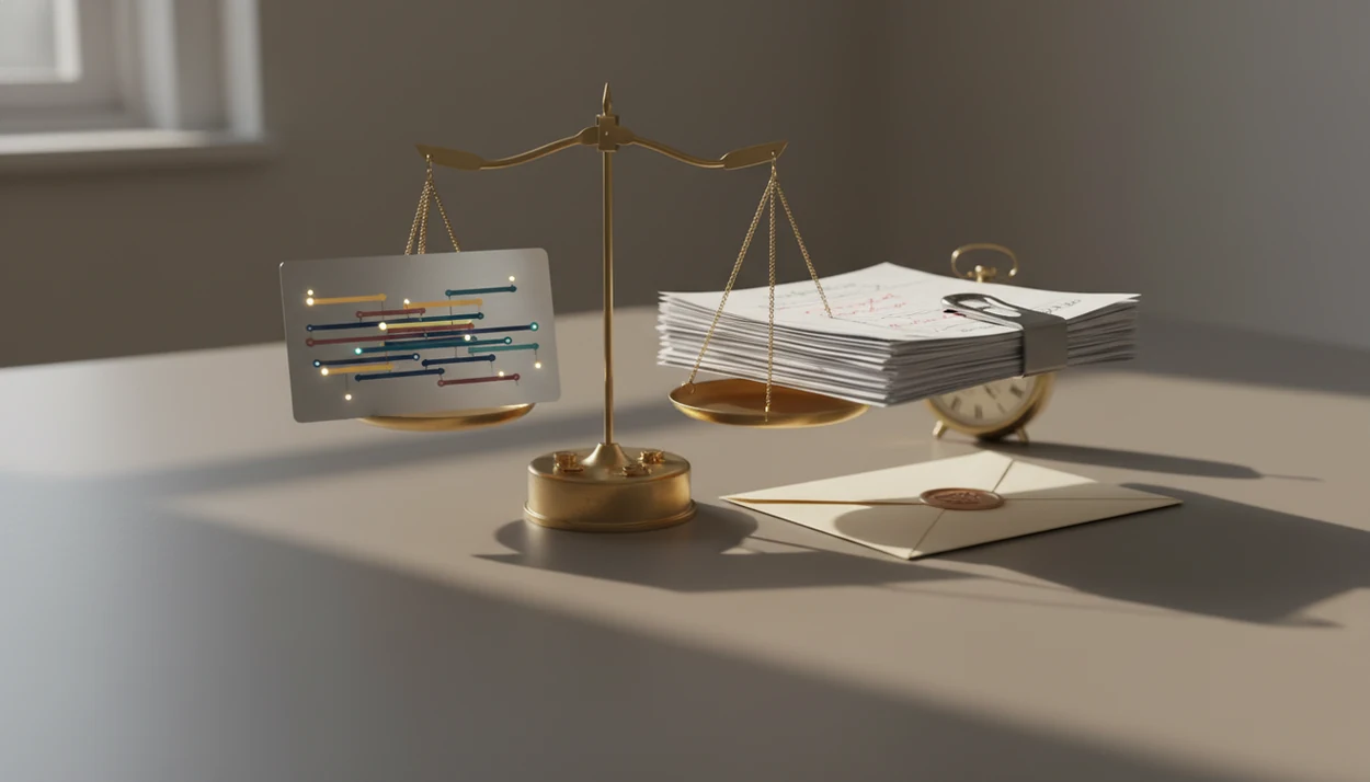 A balance scale compares an abstract AI score card with drafts, records, and a clock on a desk.