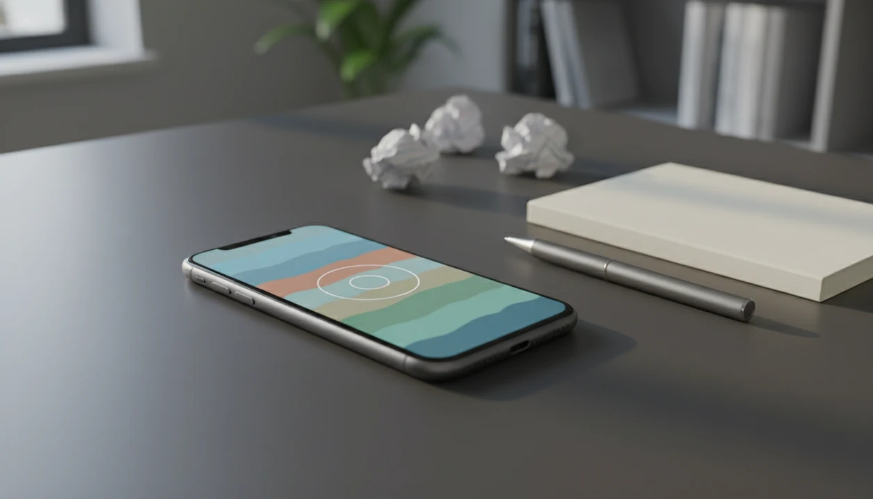 An iPhone beside paper drafts shows abstract probability bands for checking text on the go.
