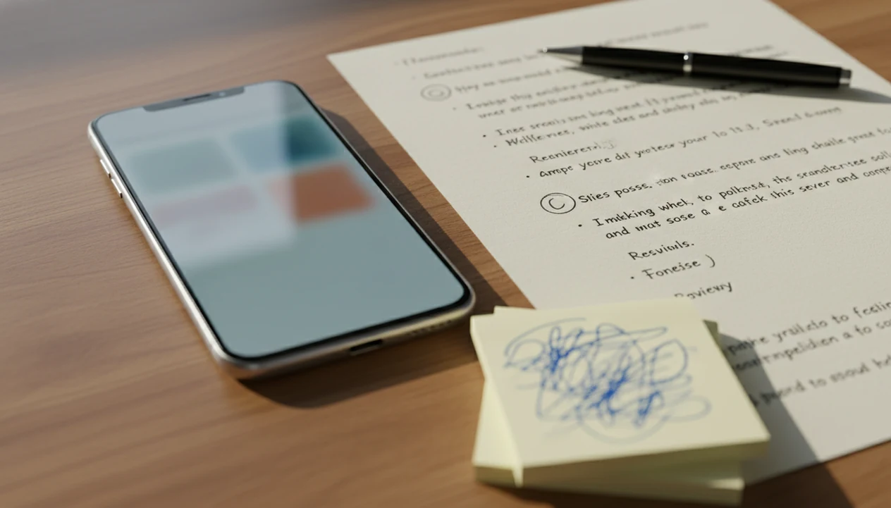 An iPhone rests beside edited paper drafts and notes, suggesting a mobile AI humanizing workflow.