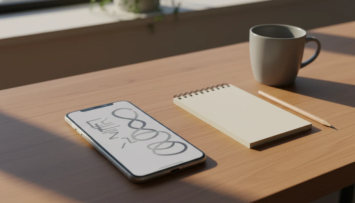 An iPhone on a desk shows abstract draft lines becoming smoother beside a notebook and pencil.