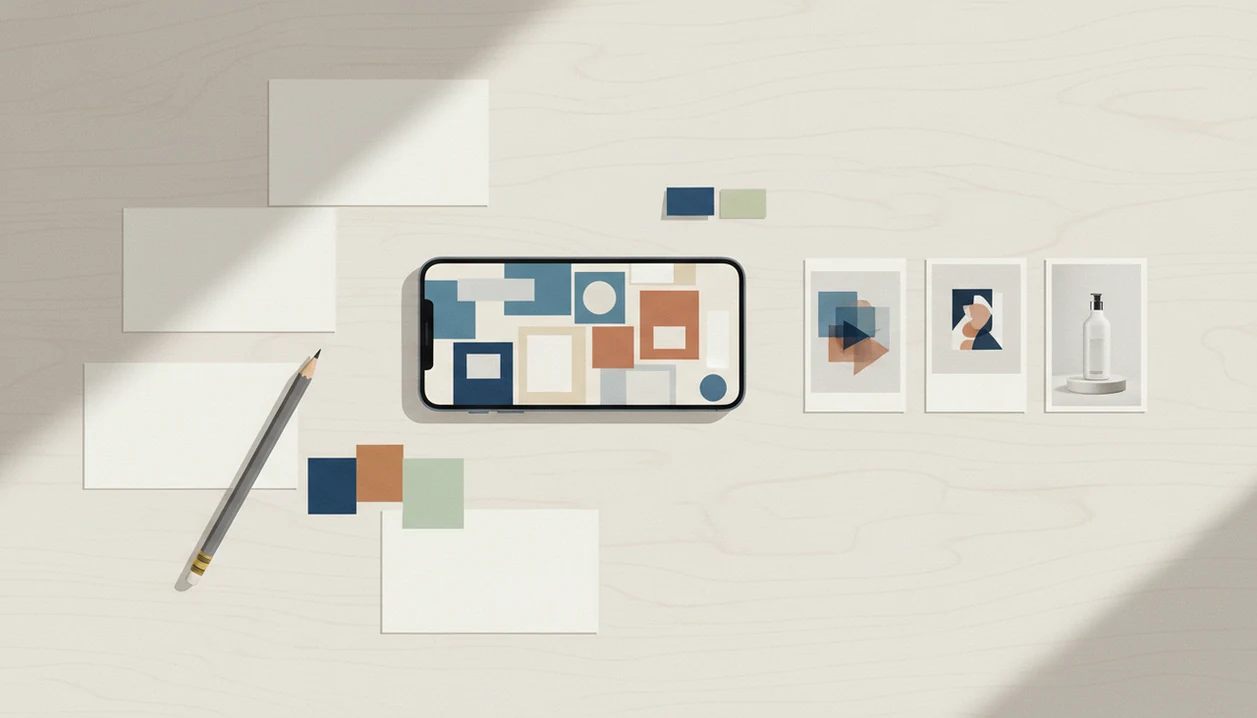 A smartphone surrounded by blank prompt cards, color swatches, and visual concept thumbnails on a clean desk.