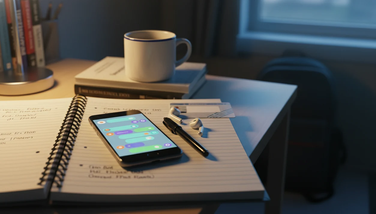An iPhone on a student desk shows an abstract writing app beside a notebook, pen, coffee, and earbuds.
