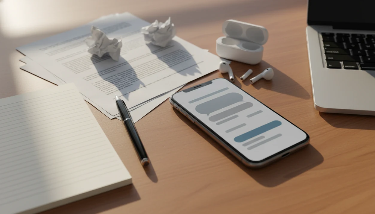 An iPhone on a tidy work desk with blurred documents, notebook, pen, and laptop edge nearby.