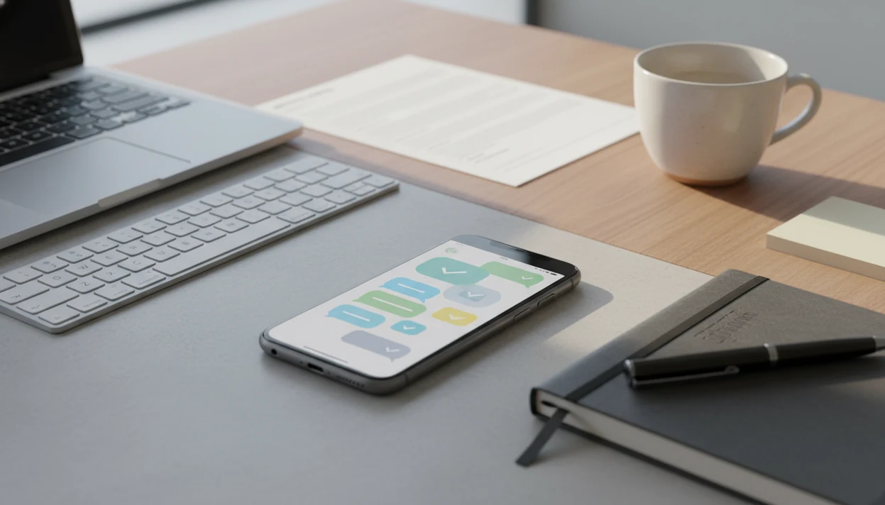 An iPhone on a tidy work desk suggests AI-assisted writing for emails, notes, and follow-ups.