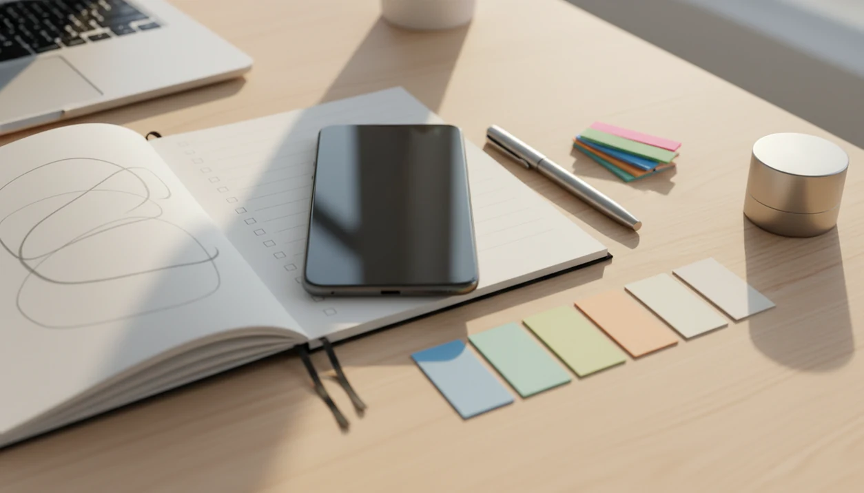 A desk setup shows a phone, notebook, timer, and four cards arranged as a month-one writing workflow.
