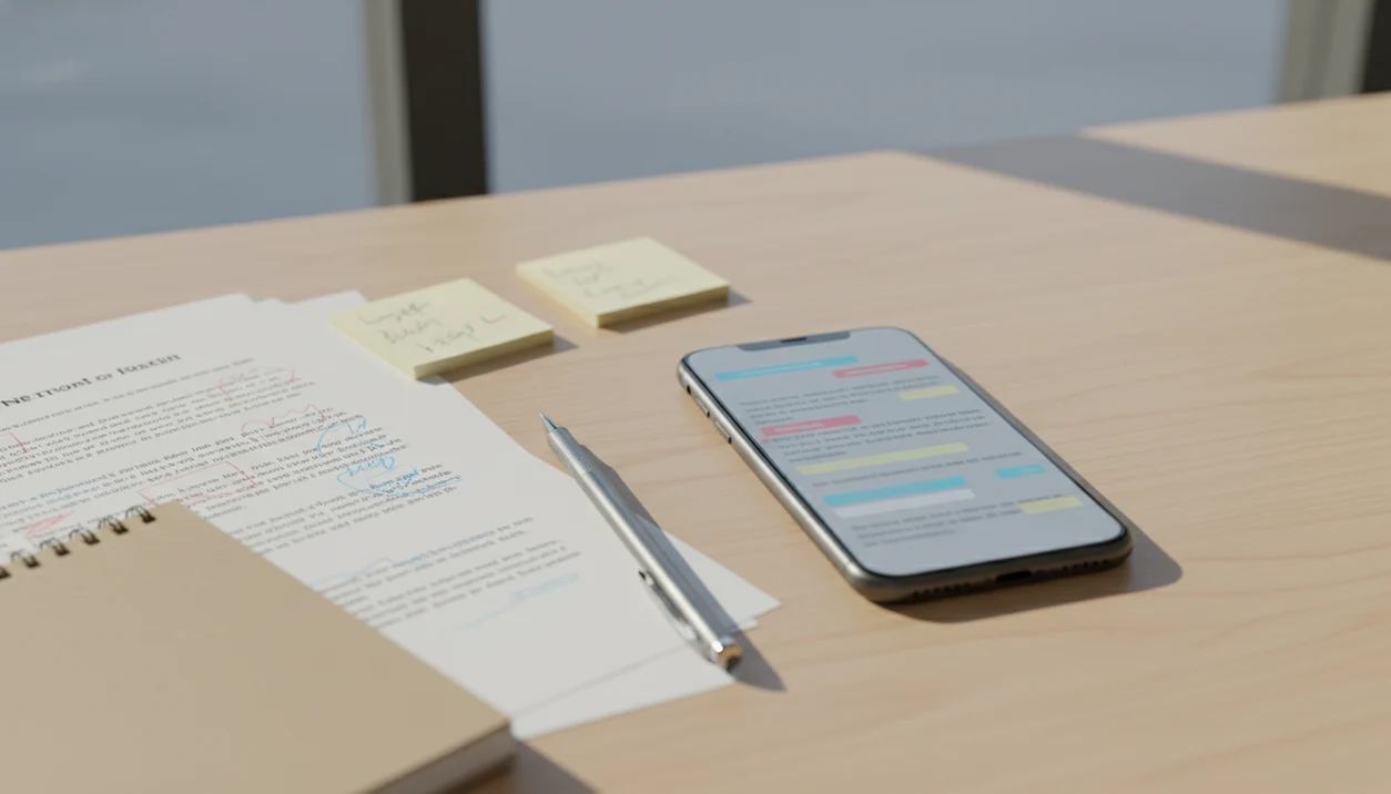 An iPhone beside a marked-up essay draft suggests checking and rewriting schoolwork on mobile.