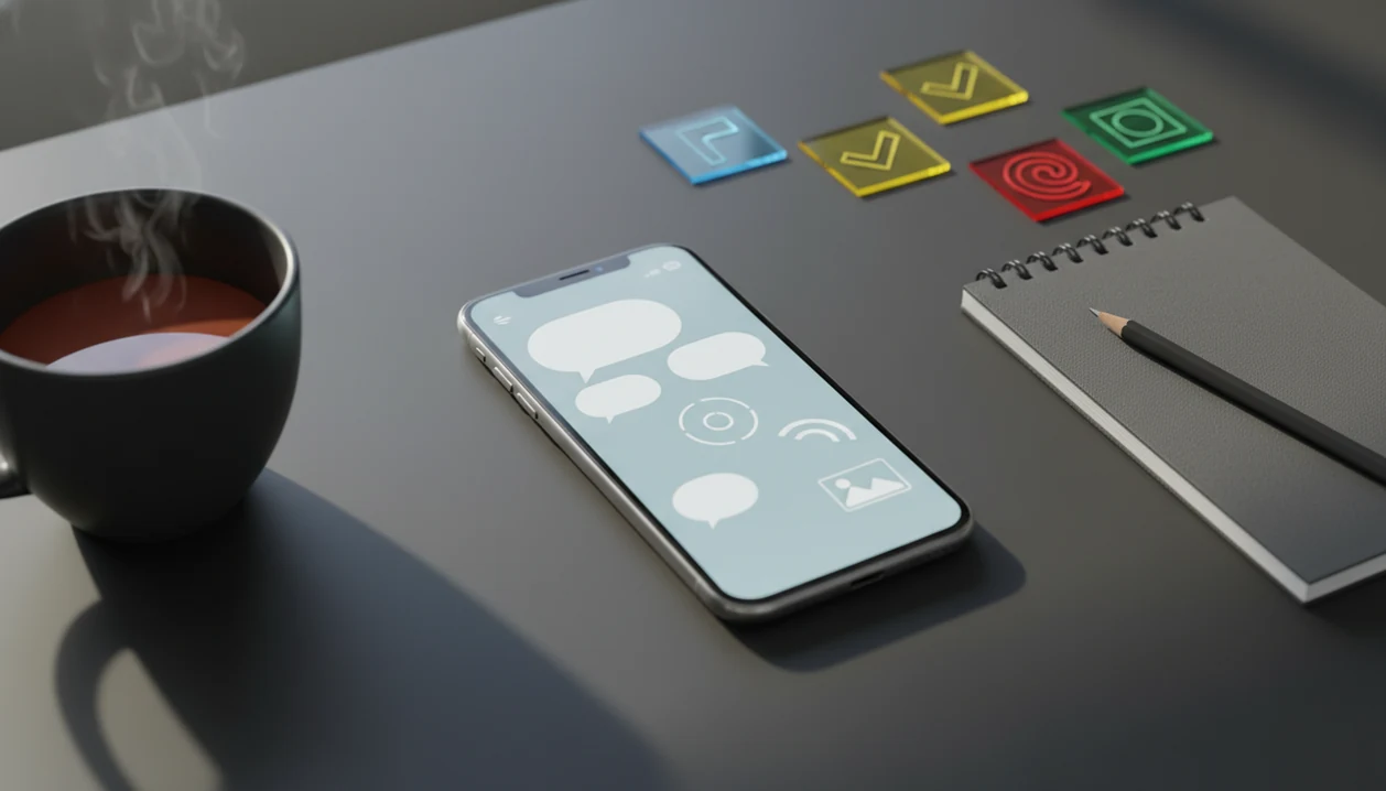 An iPhone workspace shows abstract chat, detection, rewriting, and image tool shapes on one screen.