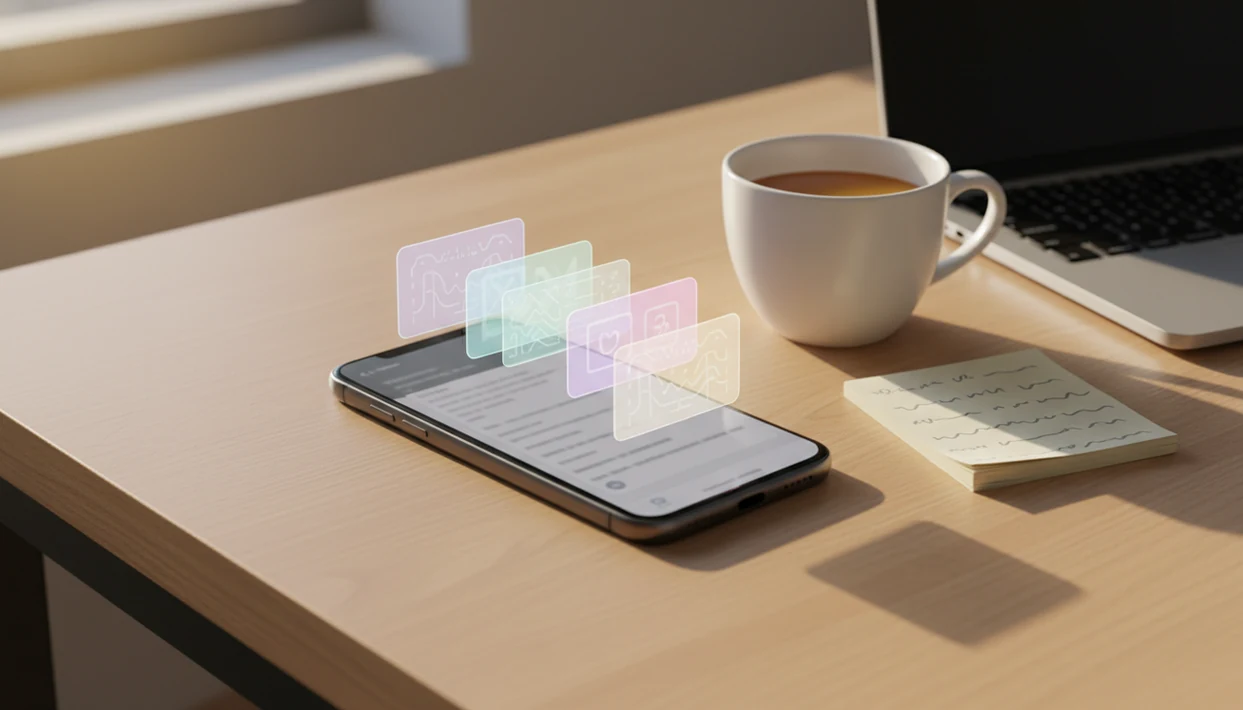 A smartphone on a desk shows blurred email drafting suggestions beside notes and a laptop.