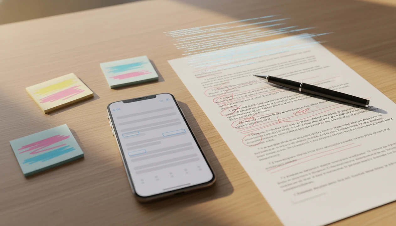 An iPhone beside an edited draft suggests using an app to make AI writing sound more natural.