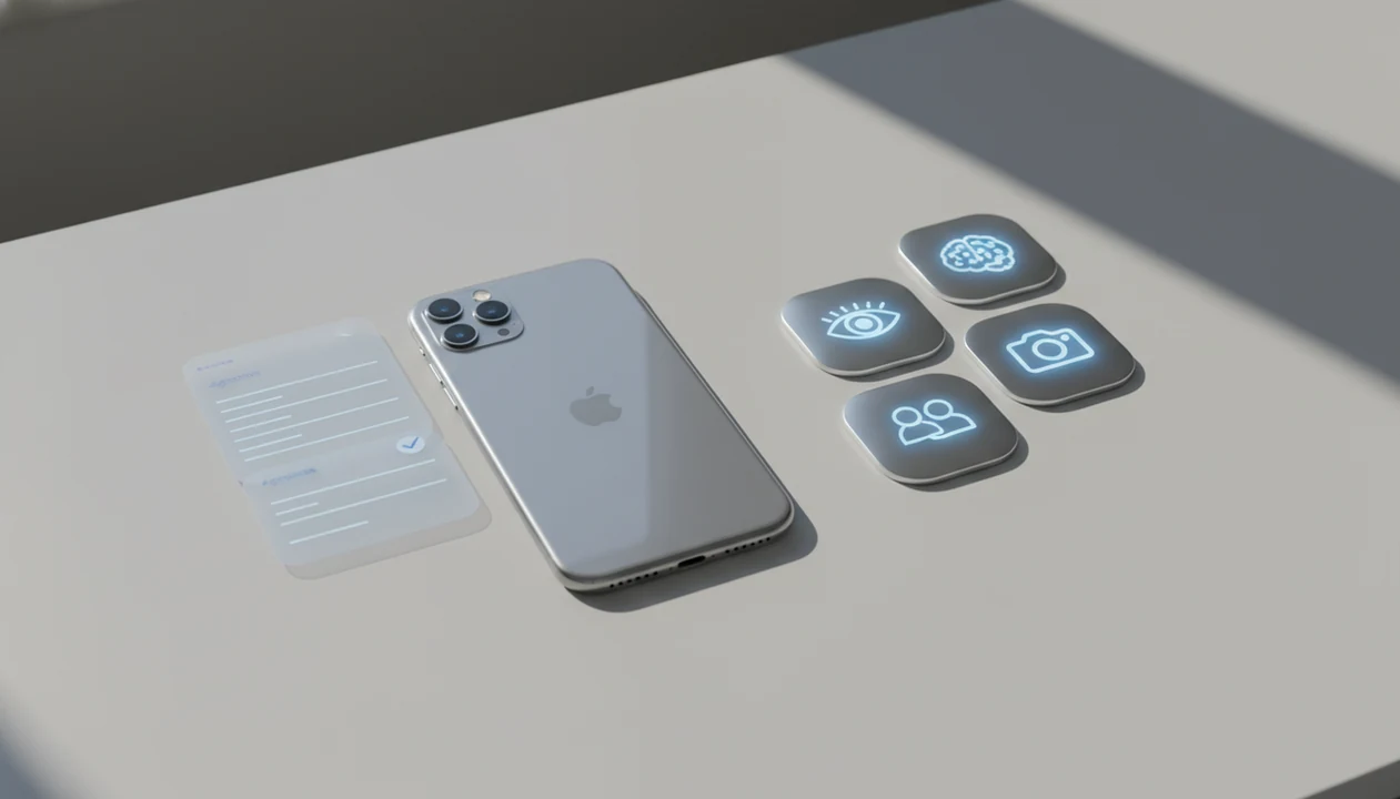 An iPhone sits between built-in writing tools and a separate cluster of AI workflow tiles.