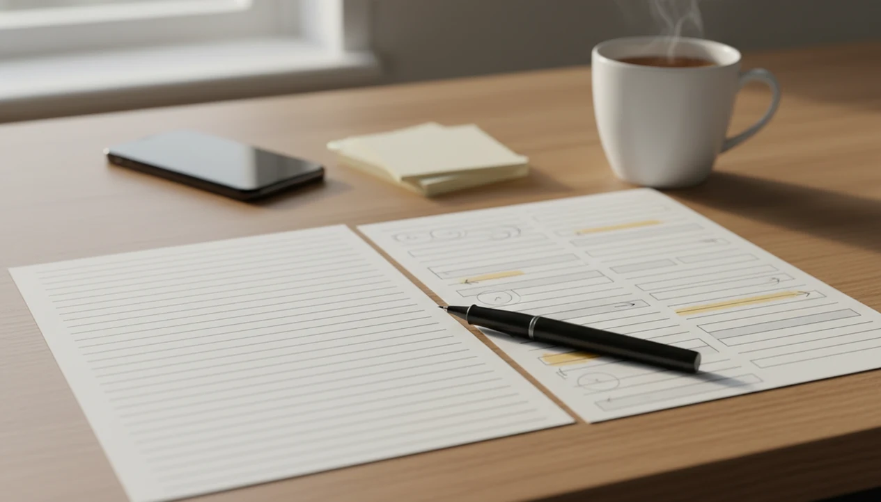 A desk shows an AI draft being edited into clearer, more natural writing with pen marks and highlights.