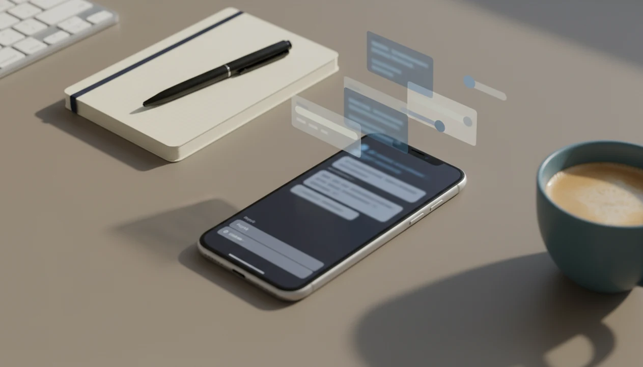 An iPhone on a tidy desk shows an abstract AI-assisted email reply draft with work tools nearby.