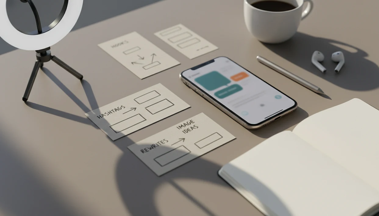 A smartphone workspace with blank caption cards, creator tools, and soft light for social post planning.