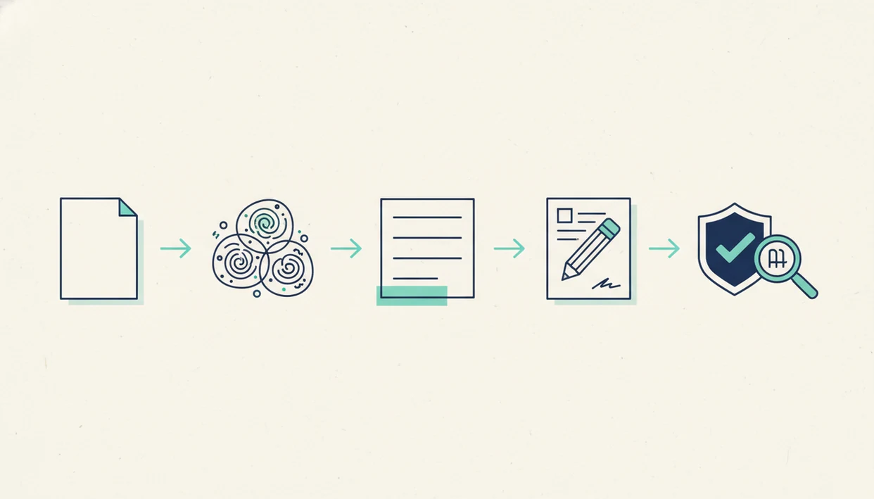 A simple illustration shows assignment, brainstorming, outlining, drafting, and checking steps.