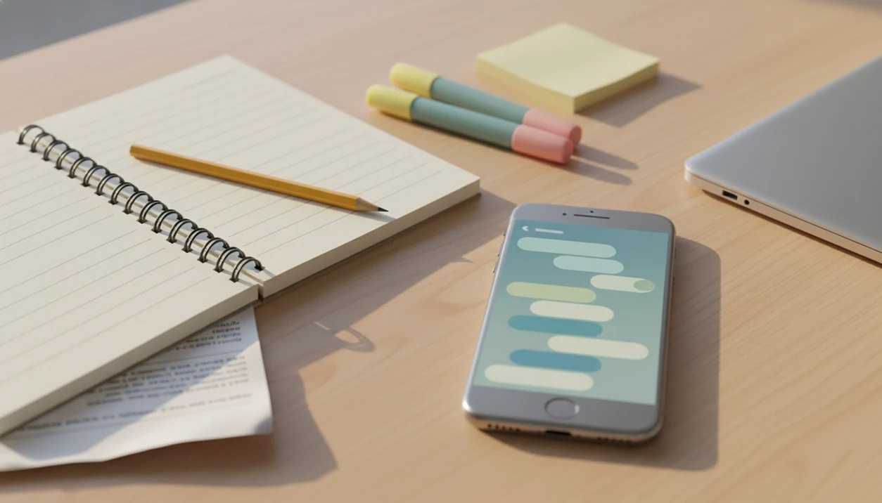 An iPhone on a student desk with blank notes, pencils, and abstract chat bubbles for writing help.