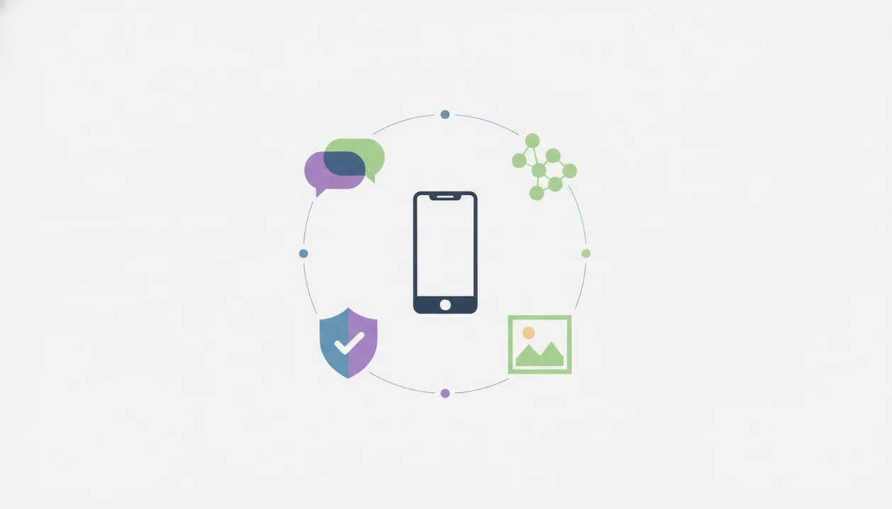 A clean diagram shows chat, agents, detection, and image tools connected around a phone.