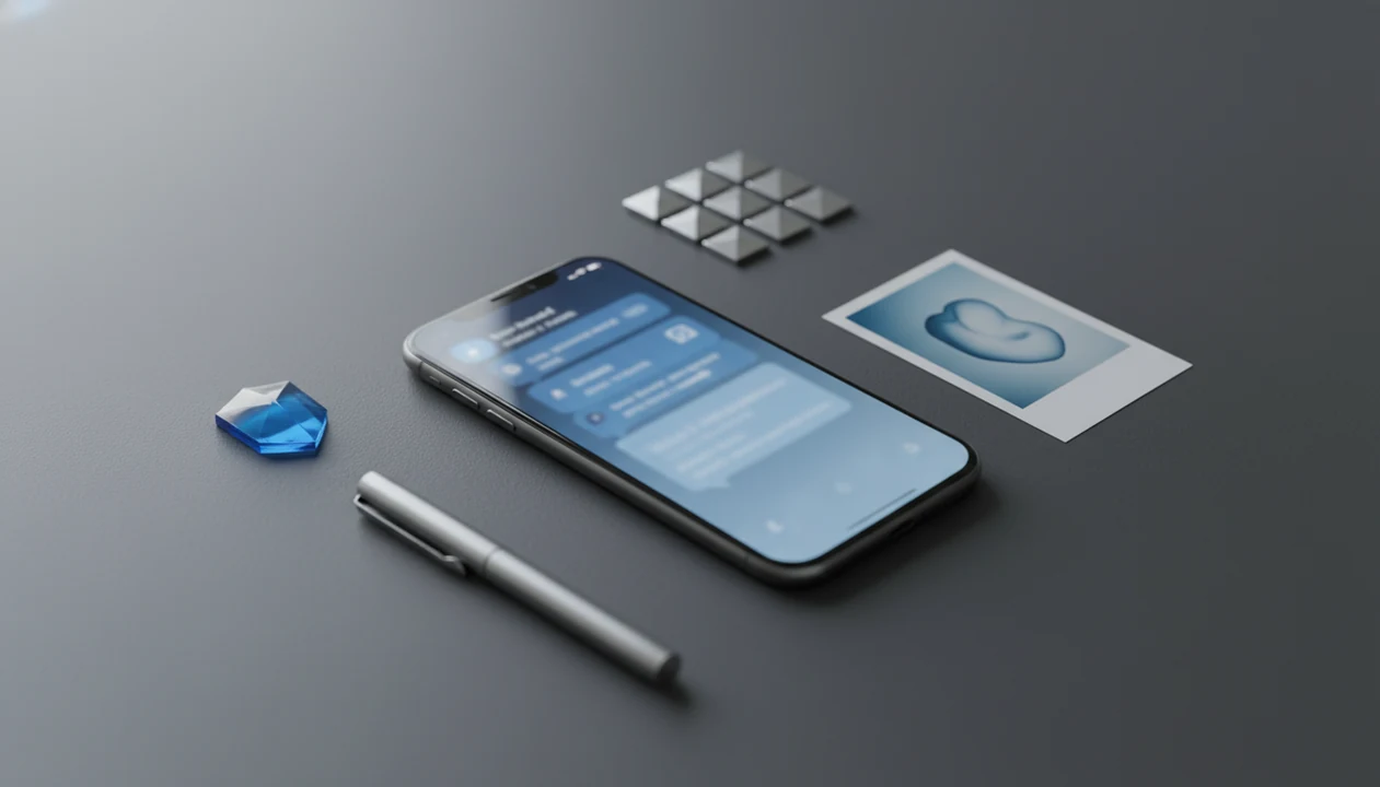 An iPhone on a desk surrounded by symbols for chat, detection, humanizing, agents, and images.