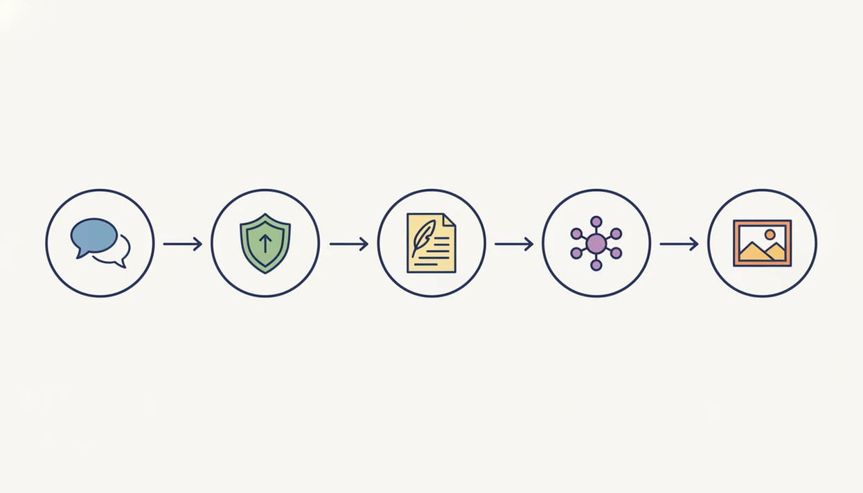 A clean five-step diagram shows chat, detection, rewriting, agents, and image creation as connected icons.