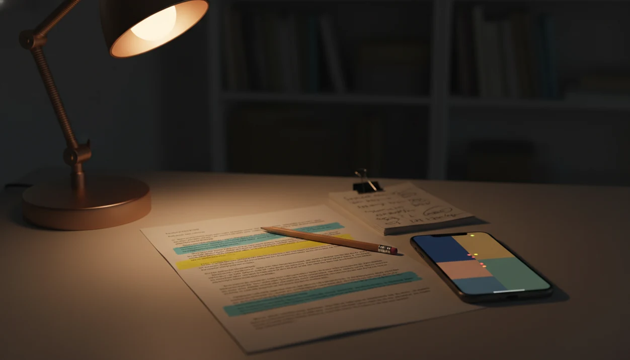 A highlighted essay draft and iPhone review screen sit on a desk under warm study light.